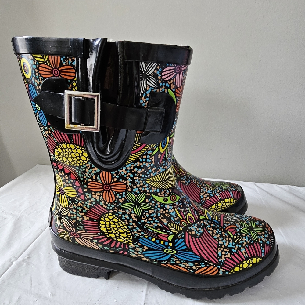 SHESOLE Women's Mid Calf Floral Waterproof Rain Boots